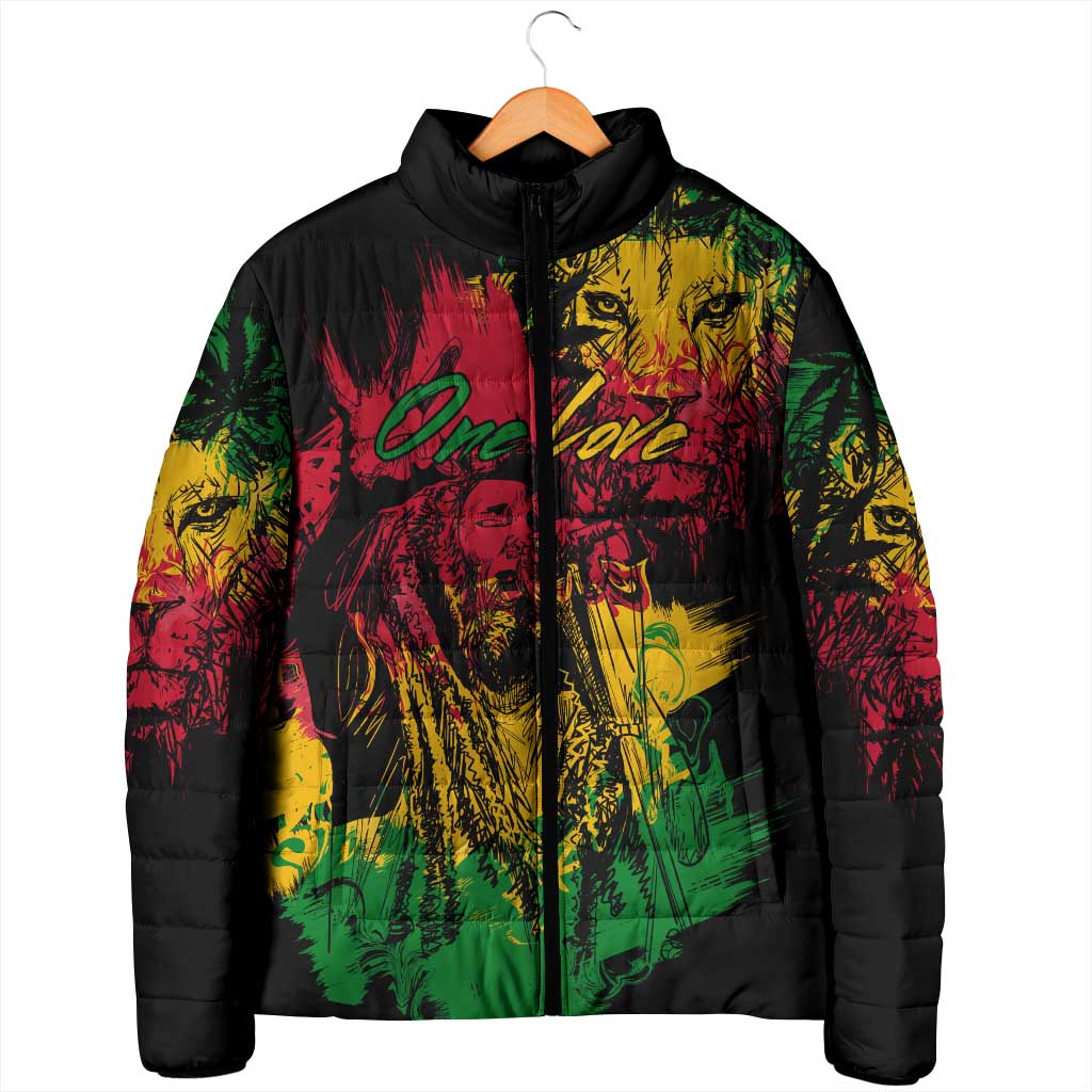 Personalized Rastafarian Lion Legend Bob Padded Jacket Black Jamaican Reggae Sketch Portrait