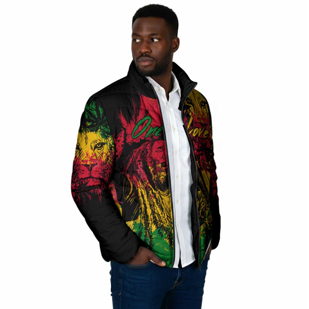Personalized Rastafarian Lion Legend Bob Padded Jacket Black Jamaican Reggae Sketch Portrait