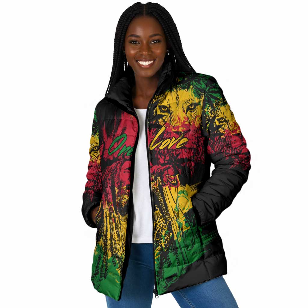 Personalized Rastafarian Lion Legend Bob Padded Jacket Black Jamaican Reggae Sketch Portrait