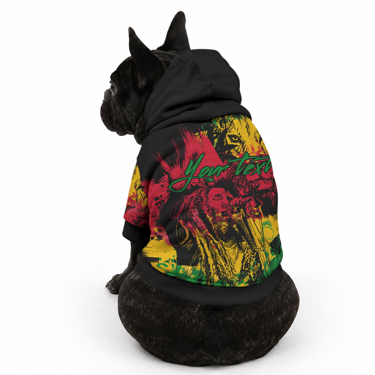 Rastafarian Lion Legend Bob Personalized Pet Hoodie Black Jamaican Reggae Festival Sketch Portrait