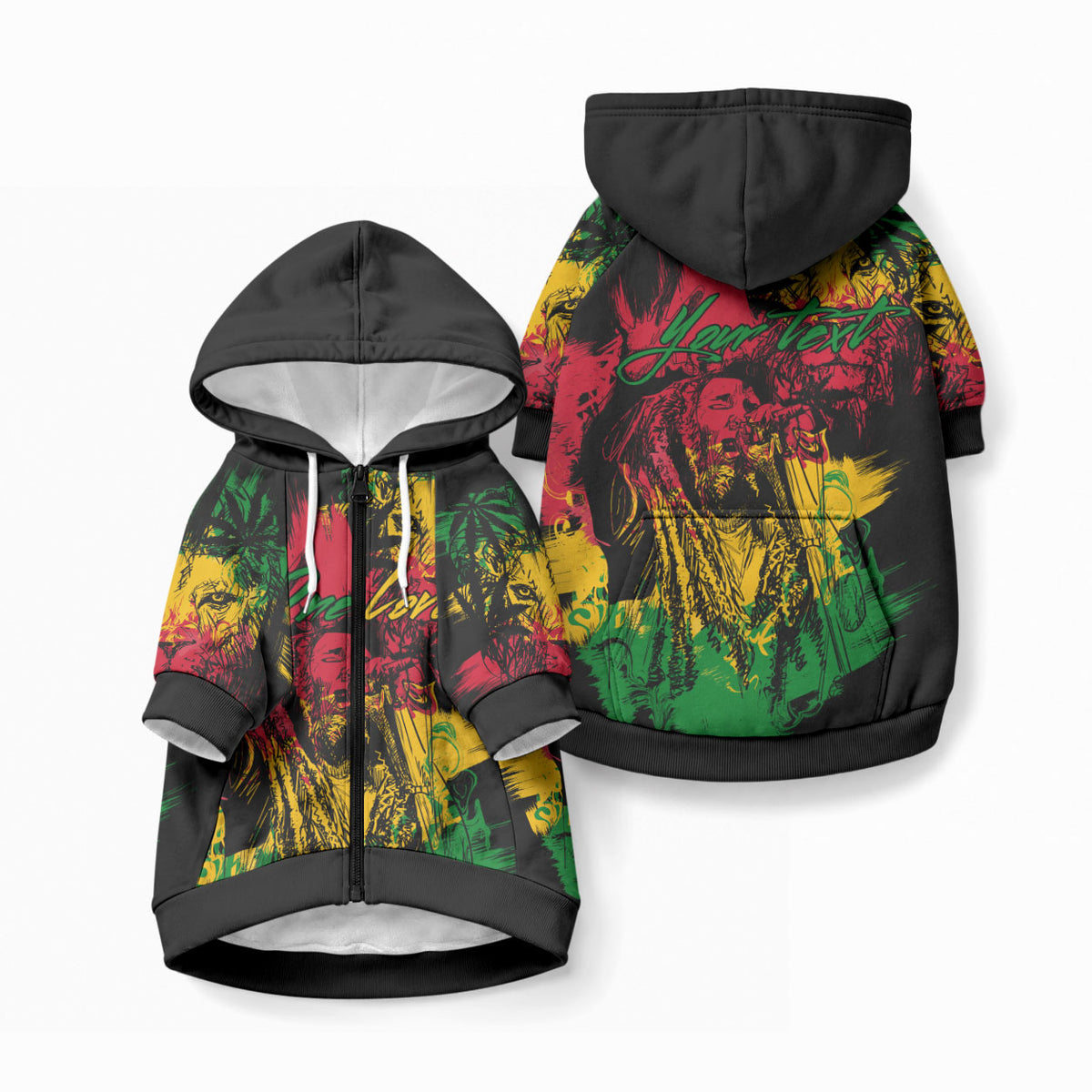 Rastafarian Lion Legend Bob Personalized Pet Hoodie Black Jamaican Reggae Festival Sketch Portrait