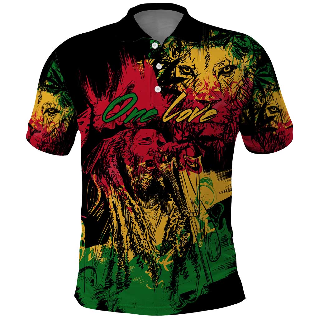 Rastafarian Lion Legend Bob Polo Shirt Black Jamaican Reggae Festival Sketch Portrait