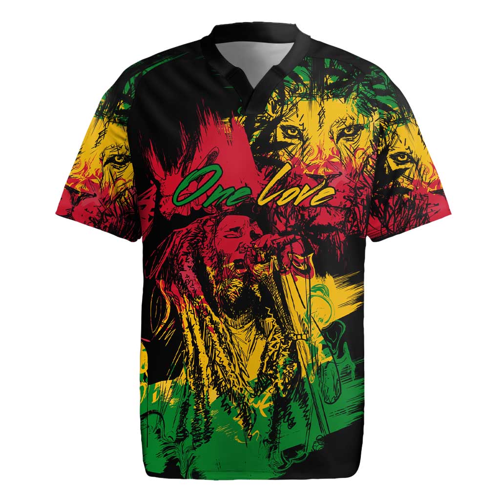 Rastafarian Lion Legend Bob Rugby Jersey Black Jamaican Reggae Festival Sketch Portrait