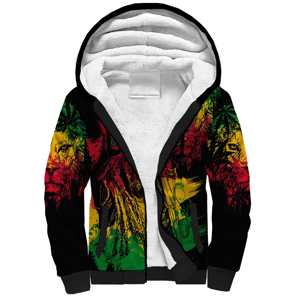 Rastafarian Lion Legend Bob Sherpa Hoodie Black Jamaican Reggae Festival Sketch Portrait