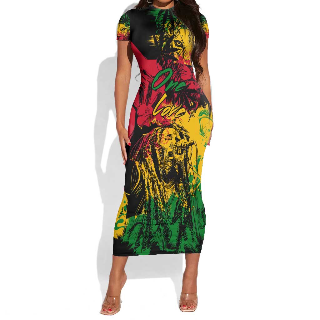 Rastafarian Lion Legend Bob Short Sleeve Bodycon Dress Black Jamaican Reggae Festival Sketch Portrait