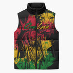 Personalized Rastafarian Lion Legend Bob Sleeveless Puffer Jacket Black Jamaican Reggae Sketch Portrait