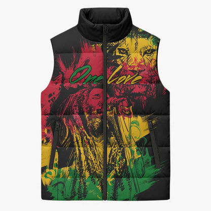 Personalized Rastafarian Lion Legend Bob Sleeveless Puffer Jacket Black Jamaican Reggae Sketch Portrait