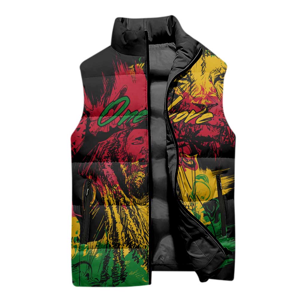 Personalized Rastafarian Lion Legend Bob Sleeveless Puffer Jacket Black Jamaican Reggae Sketch Portrait