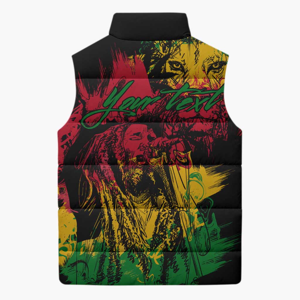 Personalized Rastafarian Lion Legend Bob Sleeveless Puffer Jacket Black Jamaican Reggae Sketch Portrait
