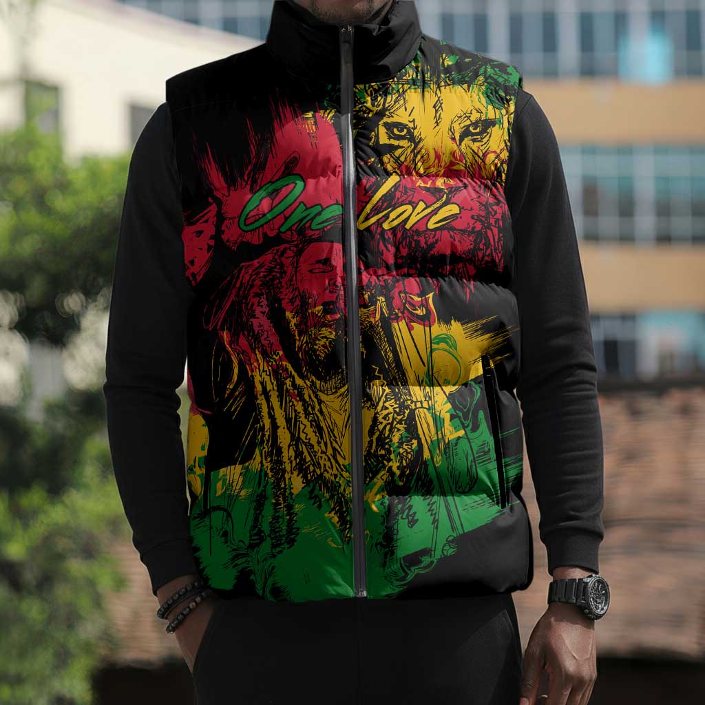 Personalized Rastafarian Lion Legend Bob Sleeveless Puffer Jacket Black Jamaican Reggae Sketch Portrait