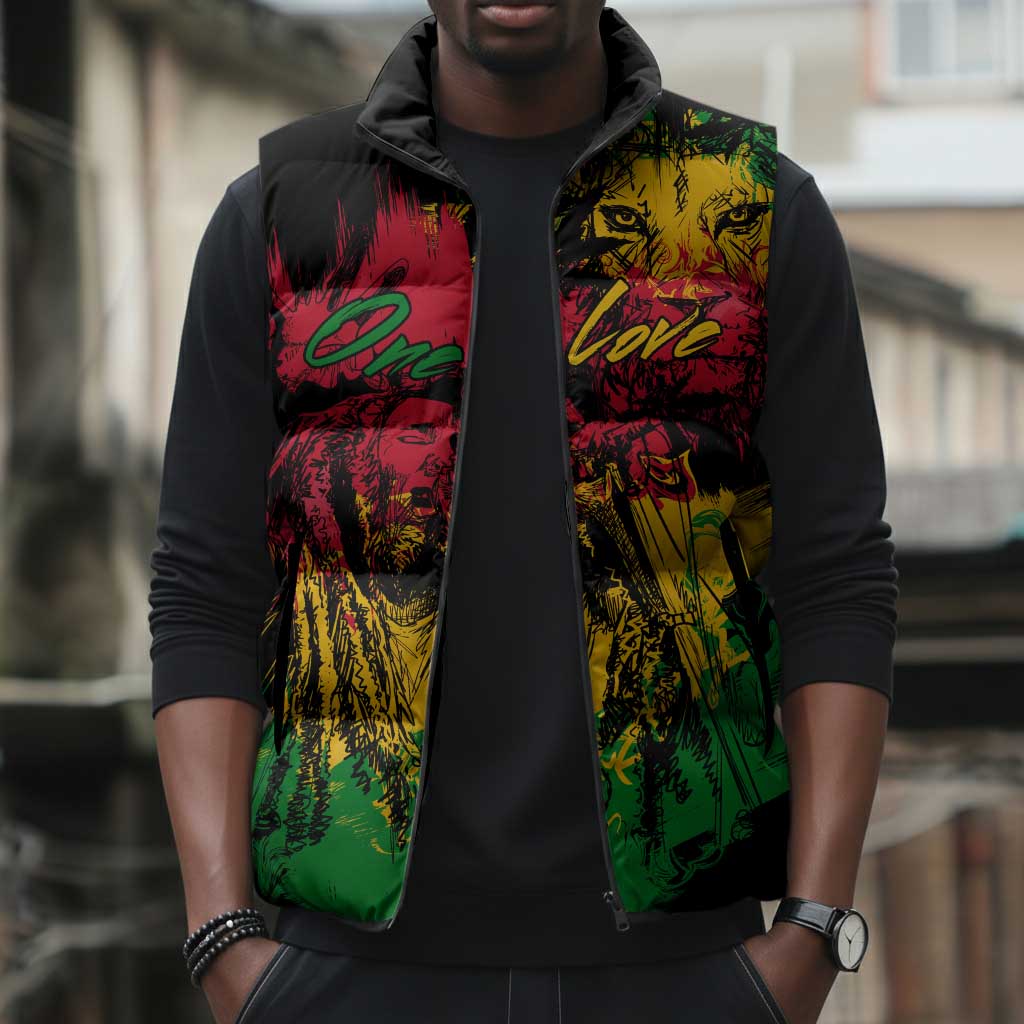 Personalized Rastafarian Lion Legend Bob Sleeveless Puffer Jacket Black Jamaican Reggae Sketch Portrait