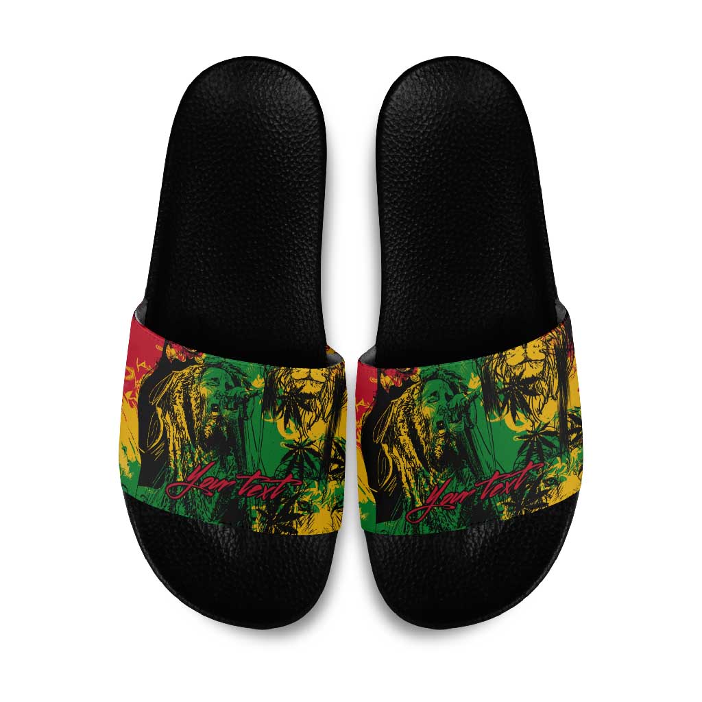 Personalized Rastafarian Lion Legend Bob Slide Sandals Black Jamaican Reggae Sketch Portrait
