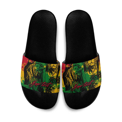 Personalized Rastafarian Lion Legend Bob Slide Sandals Black Jamaican Reggae Sketch Portrait