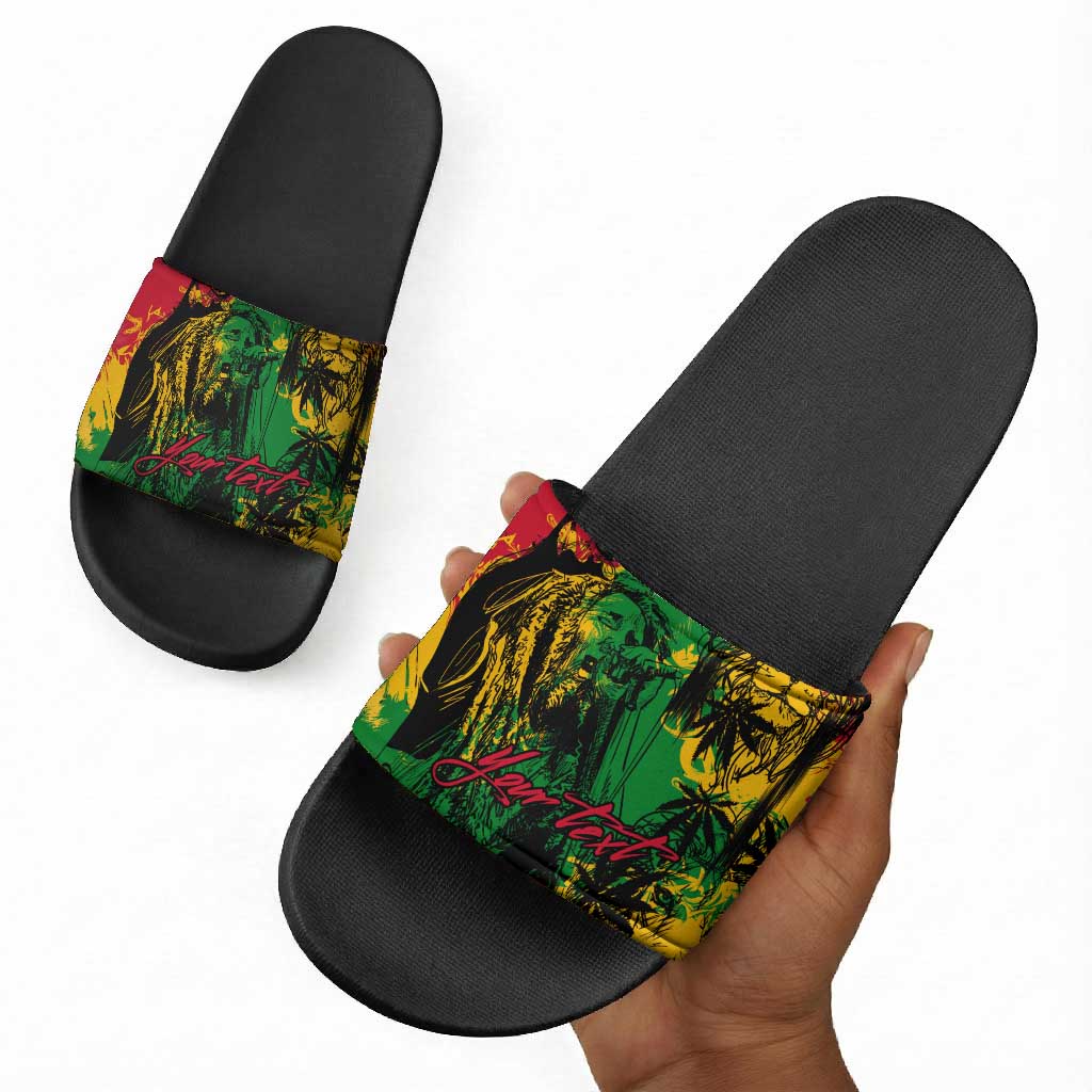 Personalized Rastafarian Lion Legend Bob Slide Sandals Black Jamaican Reggae Sketch Portrait