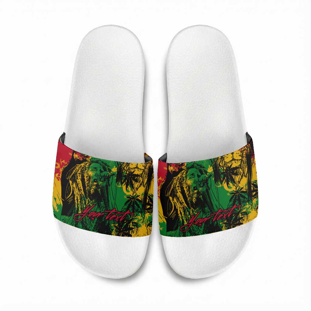 Personalized Rastafarian Lion Legend Bob Slide Sandals Black Jamaican Reggae Sketch Portrait