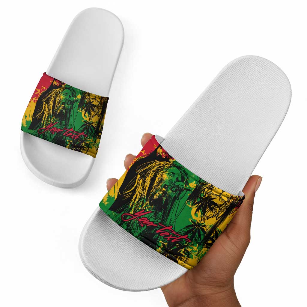 Personalized Rastafarian Lion Legend Bob Slide Sandals Black Jamaican Reggae Sketch Portrait
