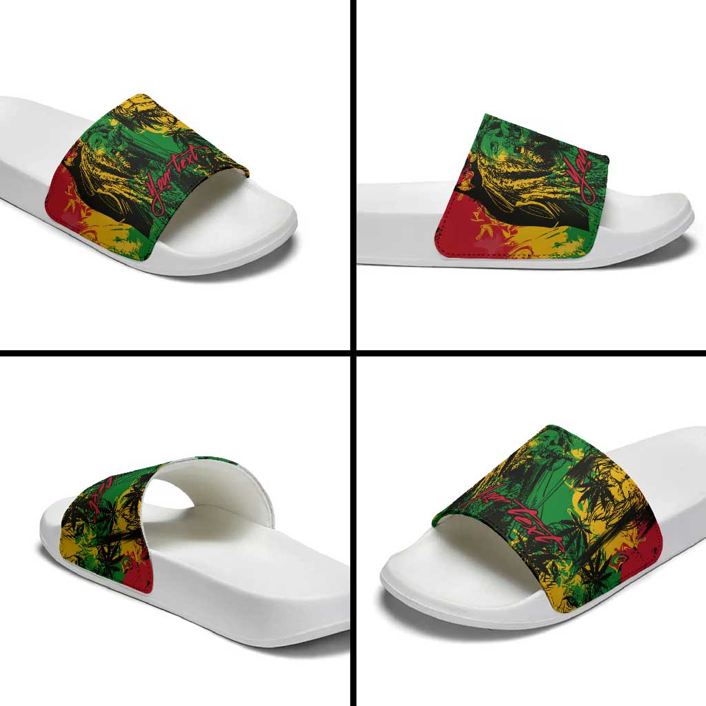 Personalized Rastafarian Lion Legend Bob Slide Sandals Black Jamaican Reggae Sketch Portrait
