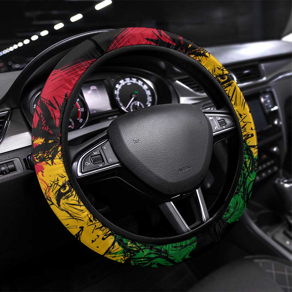 Rastafarian Lion Legend Bob Steering Wheel Cover Black Jamaican Reggae Festival Sketch Portrait