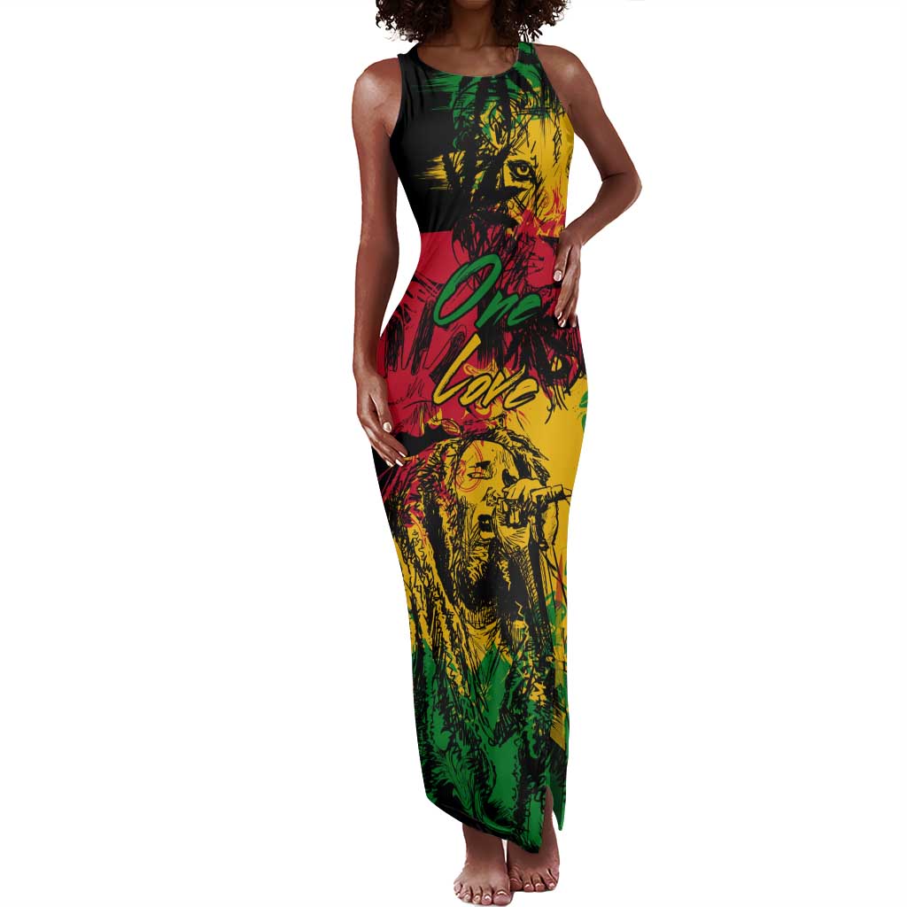Rastafarian Lion Legend Bob Tank Maxi Dress Black Jamaican Reggae Festival Sketch Portrait
