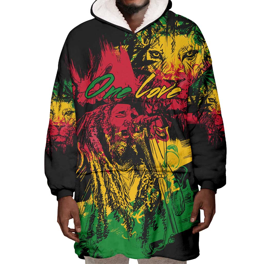 Rastafarian Lion Legend Bob Wearable Blanket Hoodie Black Jamaican Reggae Festival Sketch Portrait