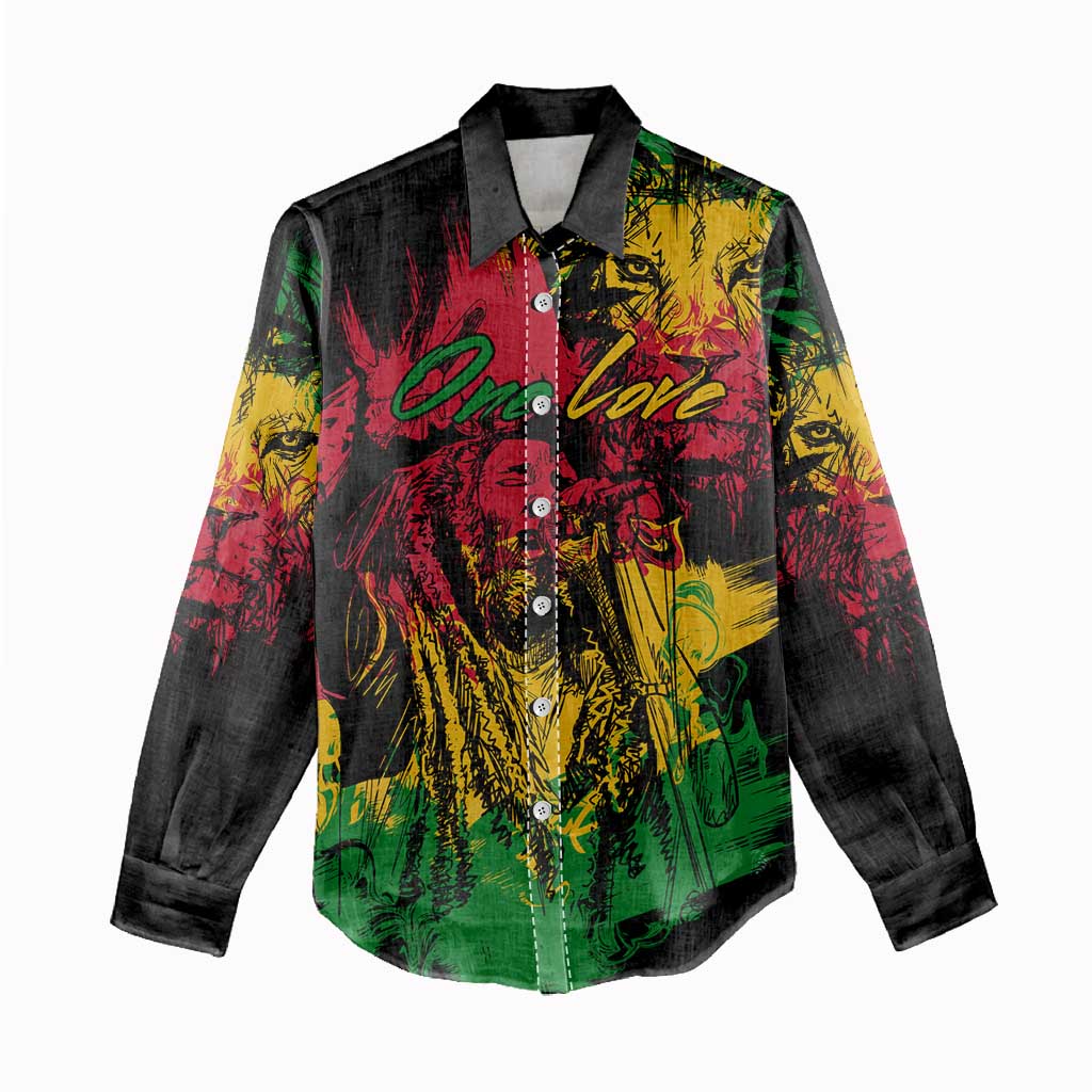 Rastafarian Lion Legend Bob Women Casual Shirt Black Jamaican Reggae Festival Sketch Portrait LT9