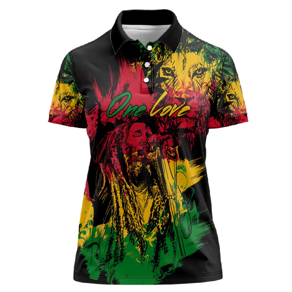 Rastafarian Lion Legend Bob Women Polo Shirt Black Jamaican Reggae Festival Sketch Portrait