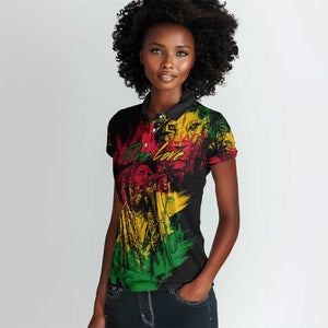 Rastafarian Lion Legend Bob Women Polo Shirt Black Jamaican Reggae Festival Sketch Portrait