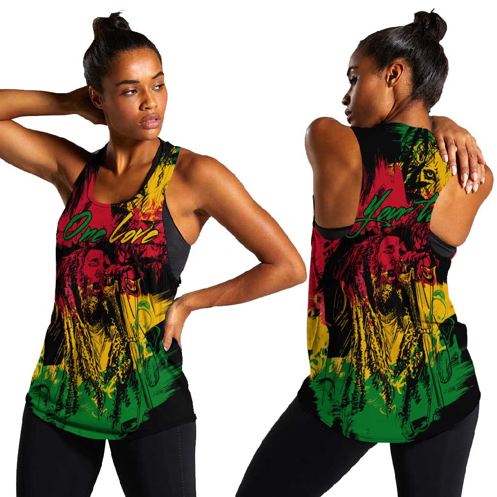 Rastafarian Lion Legend Bob Women Racerback Tank Black Jamaican Reggae Festival Sketch Portrait