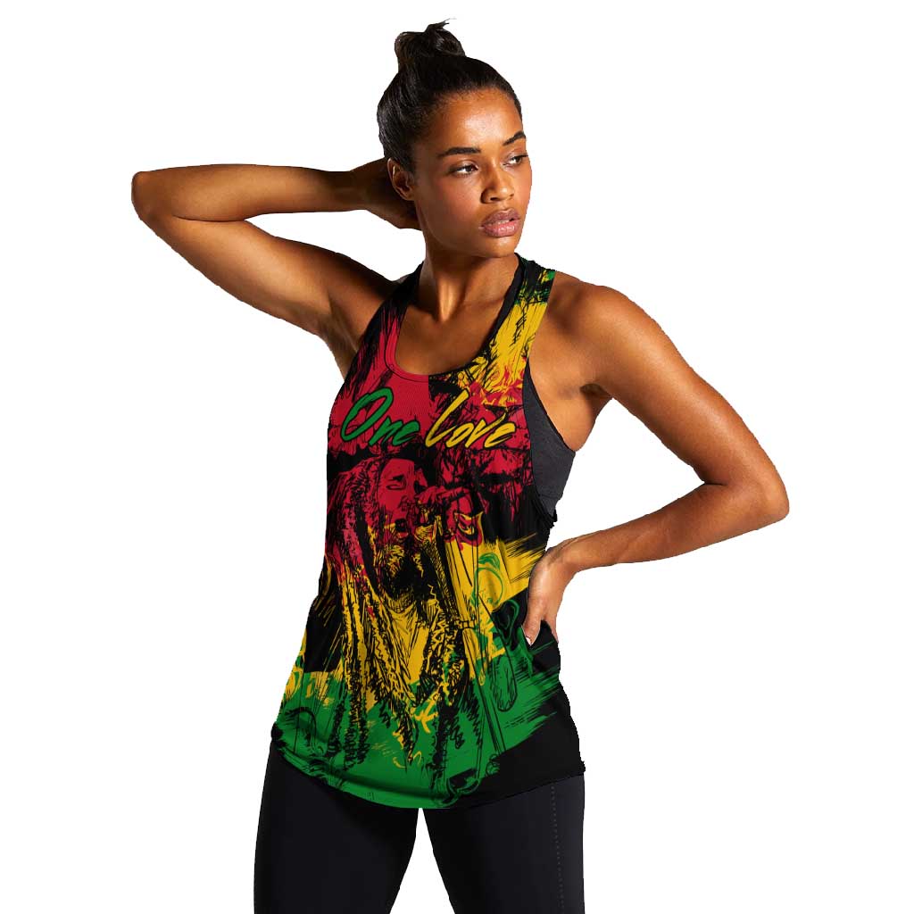 Rastafarian Lion Legend Bob Women Racerback Tank Black Jamaican Reggae Festival Sketch Portrait