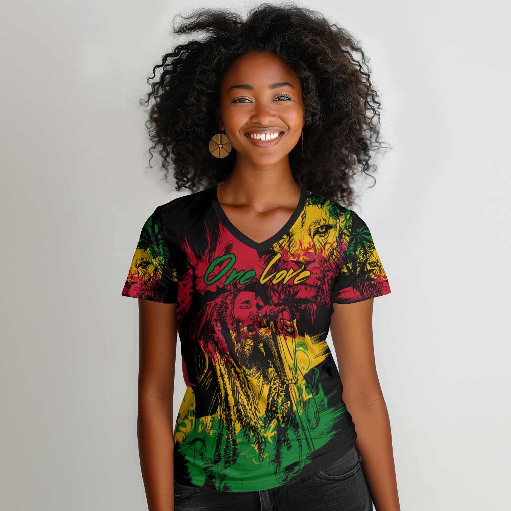 Rastafarian Lion Legend Bob Women V-Neck T-Shirt Black Jamaican Reggae Festival Sketch Portrait