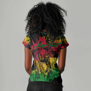 Rastafarian Lion Legend Bob Women V-Neck T-Shirt Black Jamaican Reggae Festival Sketch Portrait