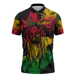 Personalized Rastafarian Lion Legend Bob Zipper Polo Shirt Black Jamaican Reggae Sketch Portrait