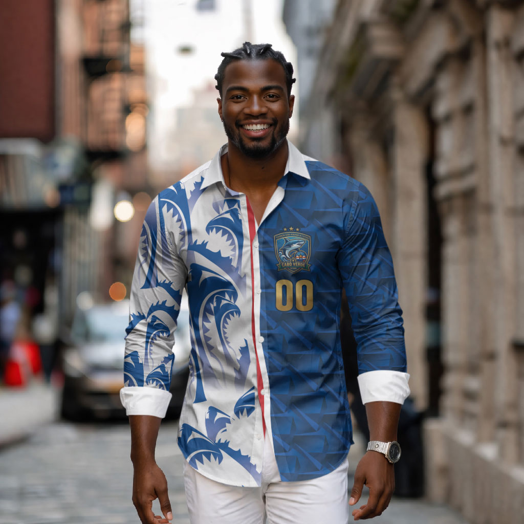 Cabo Verde Kopa di Mundu Custom Long Sleeve Button Shirt Atlantic Waves Blue Edition