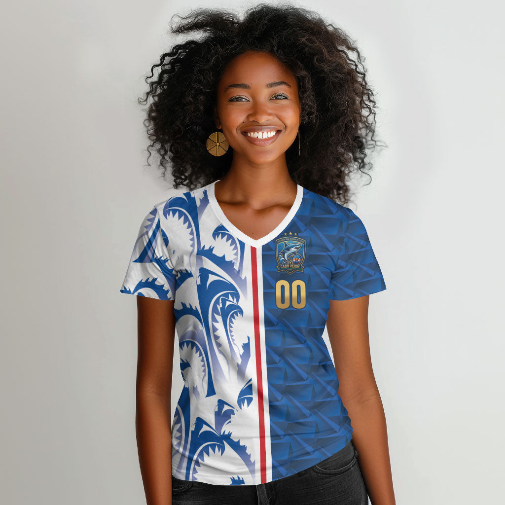 Cabo Verde Kopa di Mundu Custom Women V-Neck T-Shirt Atlantic Waves Blue Edition