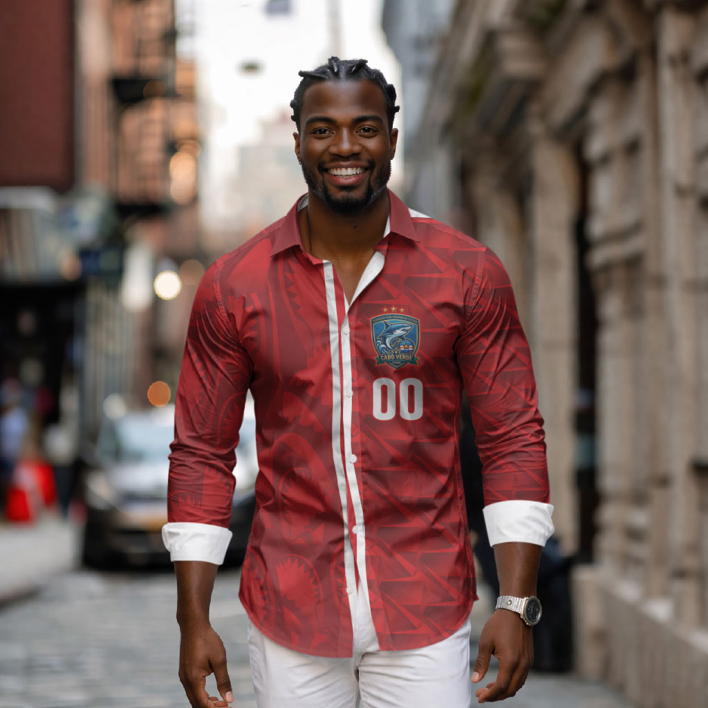 Cabo Verde Kopa di Mundu Custom Long Sleeve Button Shirt Atlantic Waves Red Edition