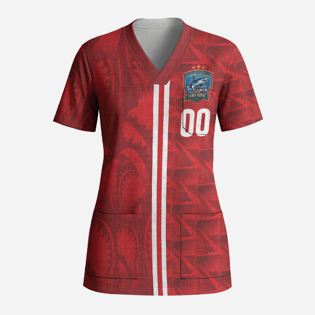 Cabo Verde Kopa di Mundu Custom Scrub Top Atlantic Waves Red Edition