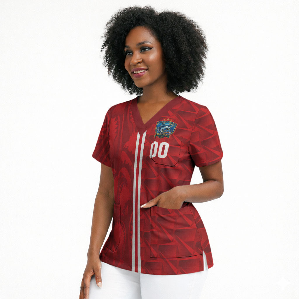 Cabo Verde Kopa di Mundu Custom Scrub Top Atlantic Waves Red Edition