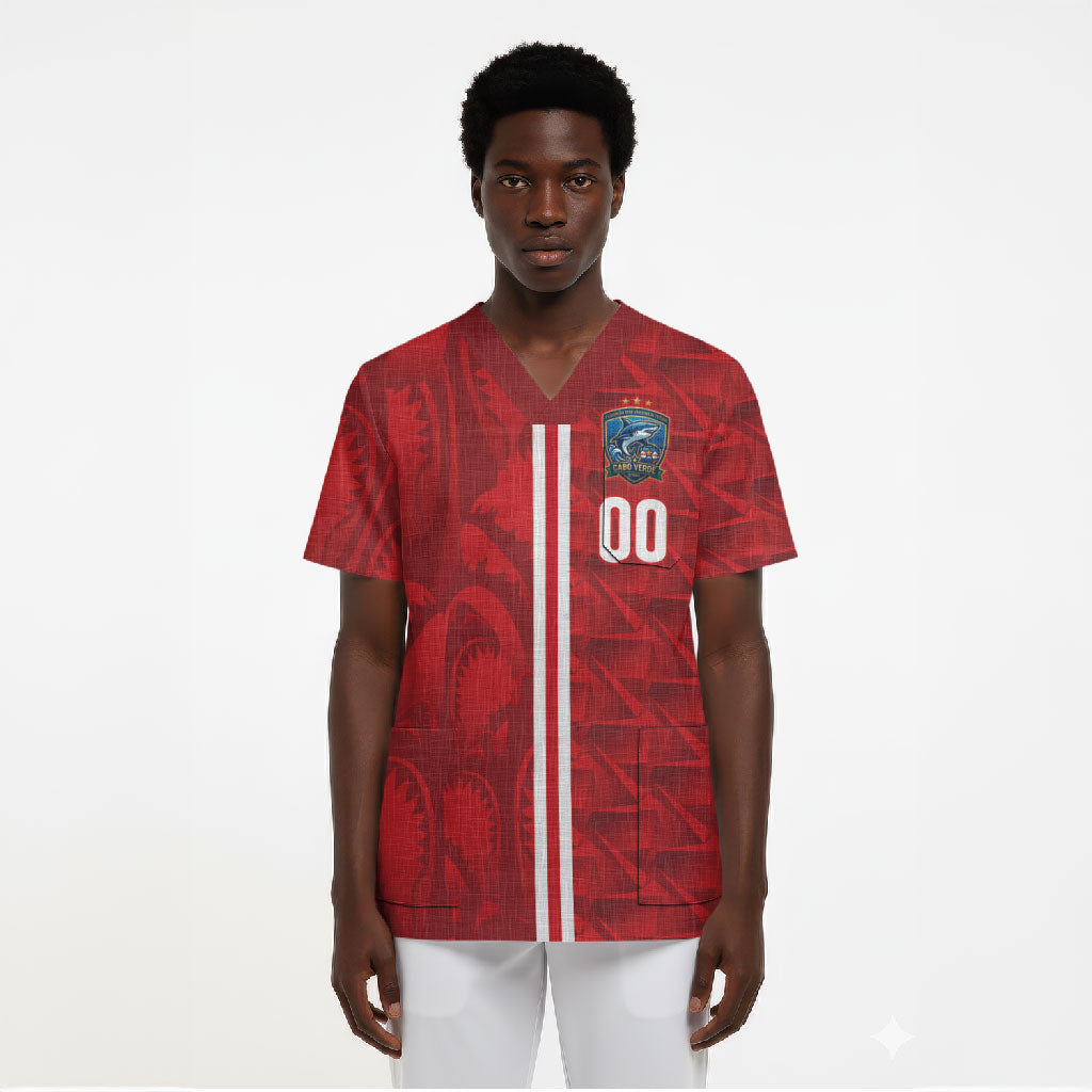Cabo Verde Kopa di Mundu Custom Scrub Top Atlantic Waves Red Edition
