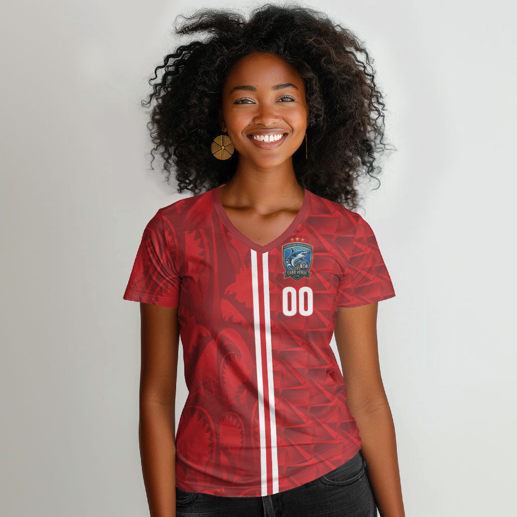 Cabo Verde Kopa di Mundu Custom Women V-Neck T-Shirt Atlantic Waves Red Edition