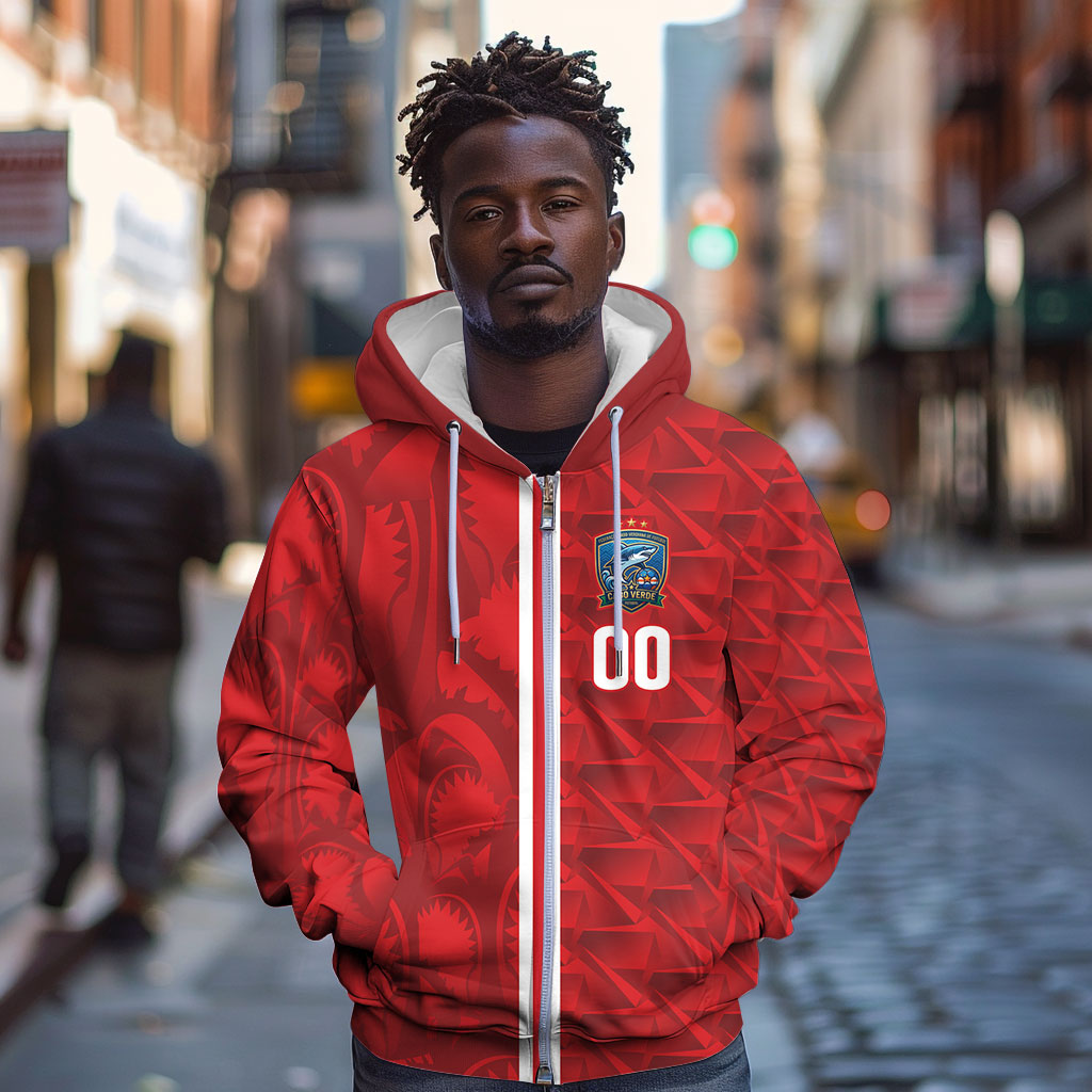 Cabo Verde Kopa di Mundu Custom Zip Hoodie Atlantic Waves Red Edition