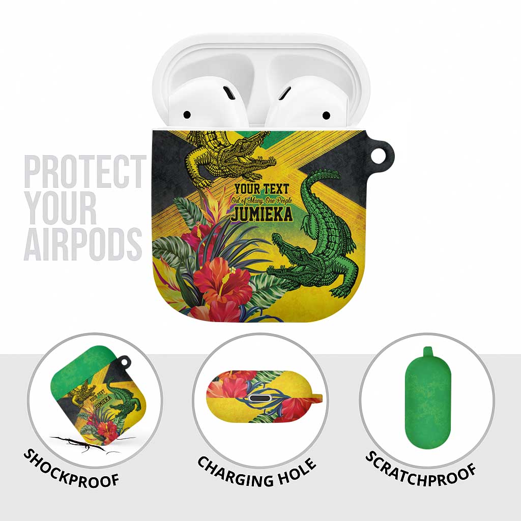 Personalized Black Jamaicans Crocodile AirPods Case Tropical Flowers Grunge Flag