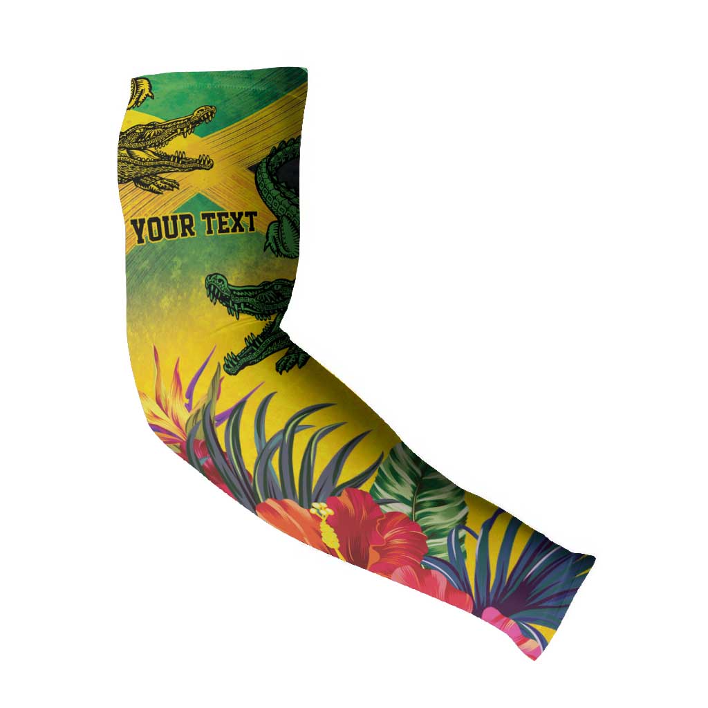 Personalized Black Jamaicans Crocodile Arm Sleeves Tropical Flowers Grunge Flag