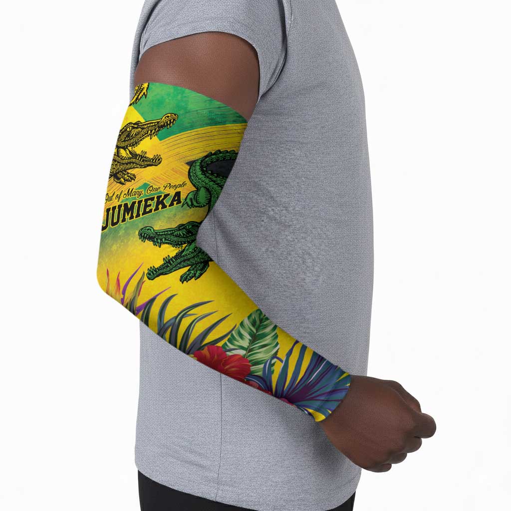 Personalized Black Jamaicans Crocodile Arm Sleeves Tropical Flowers Grunge Flag