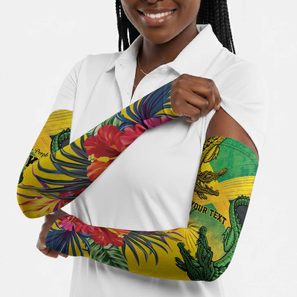 Personalized Black Jamaicans Crocodile Arm Sleeves Tropical Flowers Grunge Flag