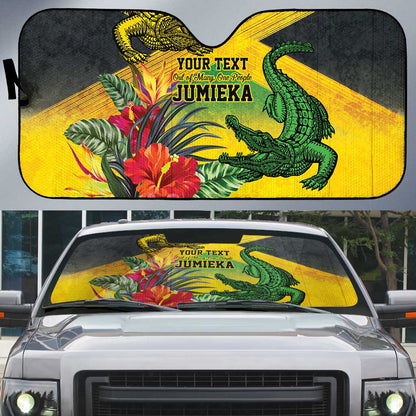 Personalized Black Jamaicans Crocodile Auto Sun Shade Tropical Flowers Grunge Flag
