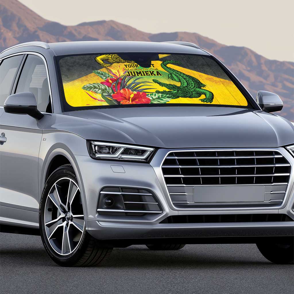 Personalized Black Jamaicans Crocodile Auto Sun Shade Tropical Flowers Grunge Flag