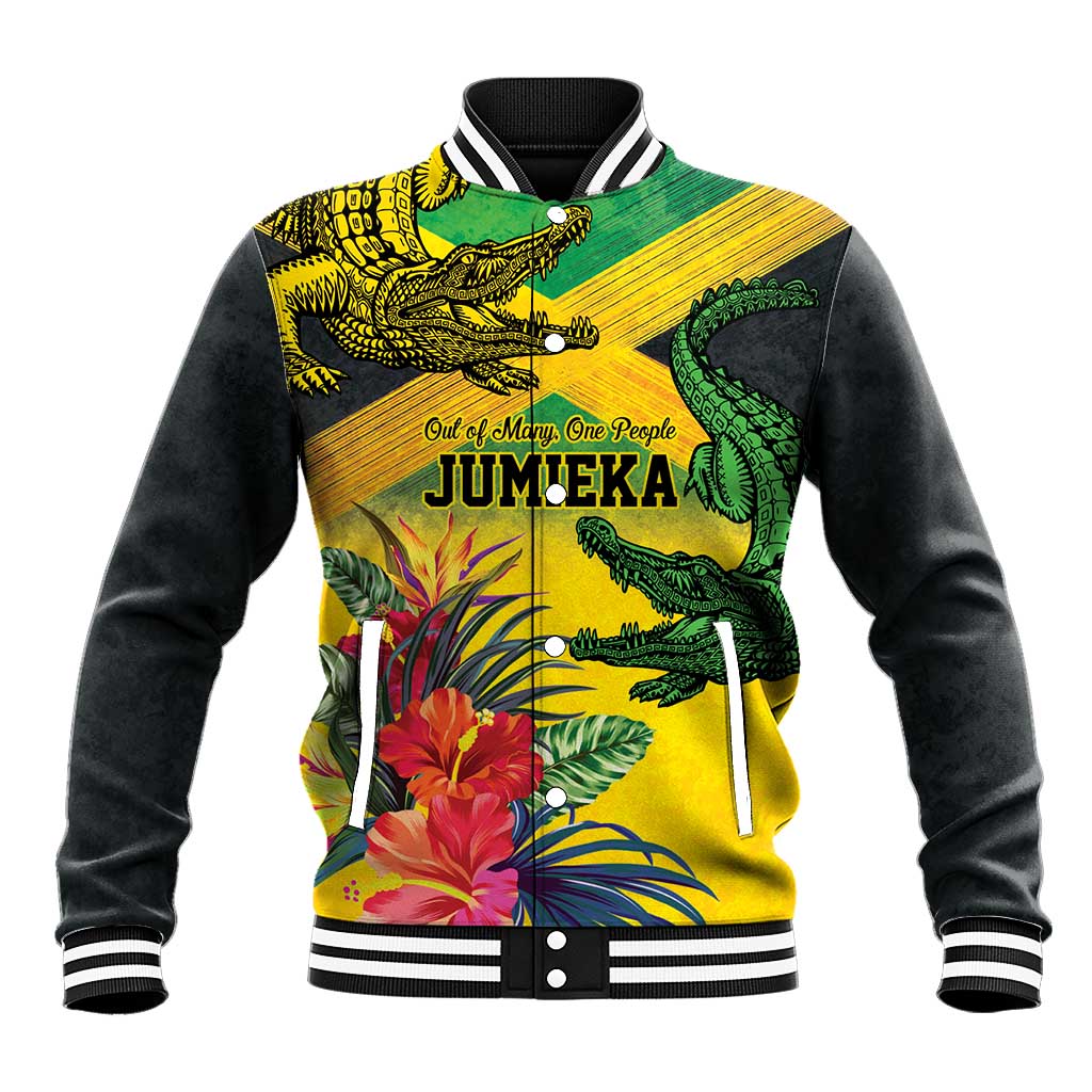 Personalized Black Jamaicans Crocodile Baseball Jacket Tropical Flowers Grunge Flag - African Pride