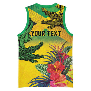 Personalized Black Jamaicans Crocodile Basketball Jersey Tropical Flowers Grunge Flag LT9