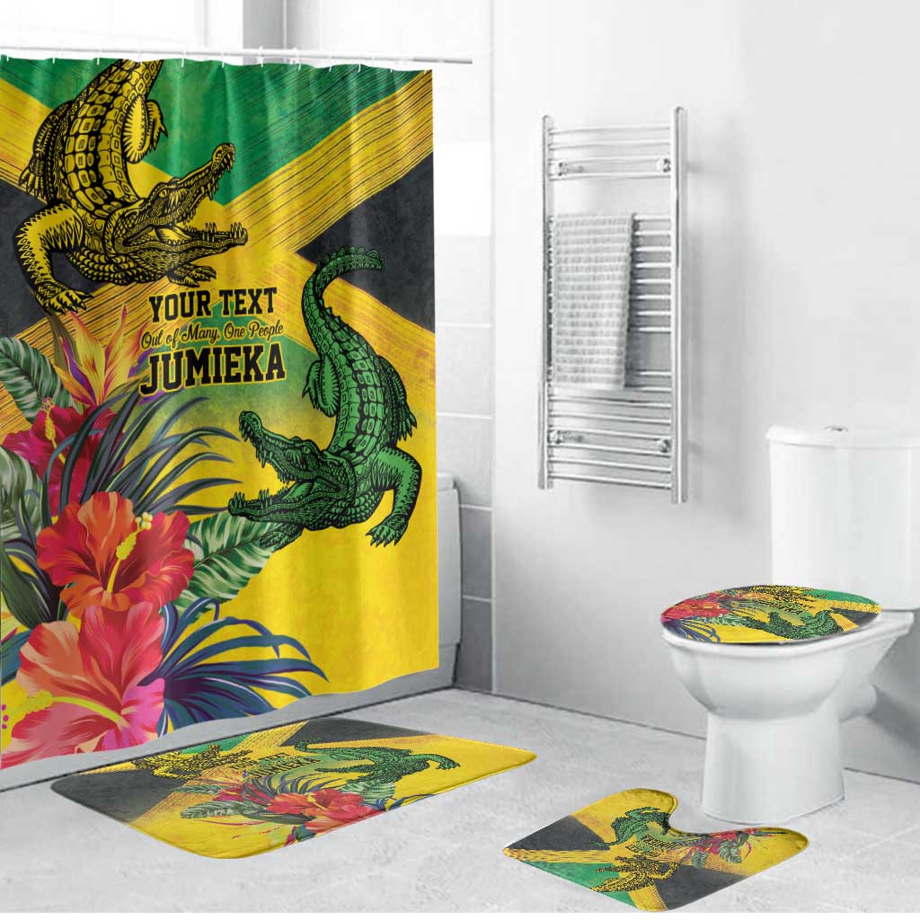 Personalized Black Jamaicans Crocodile Bathroom Set Tropical Flowers Grunge Flag