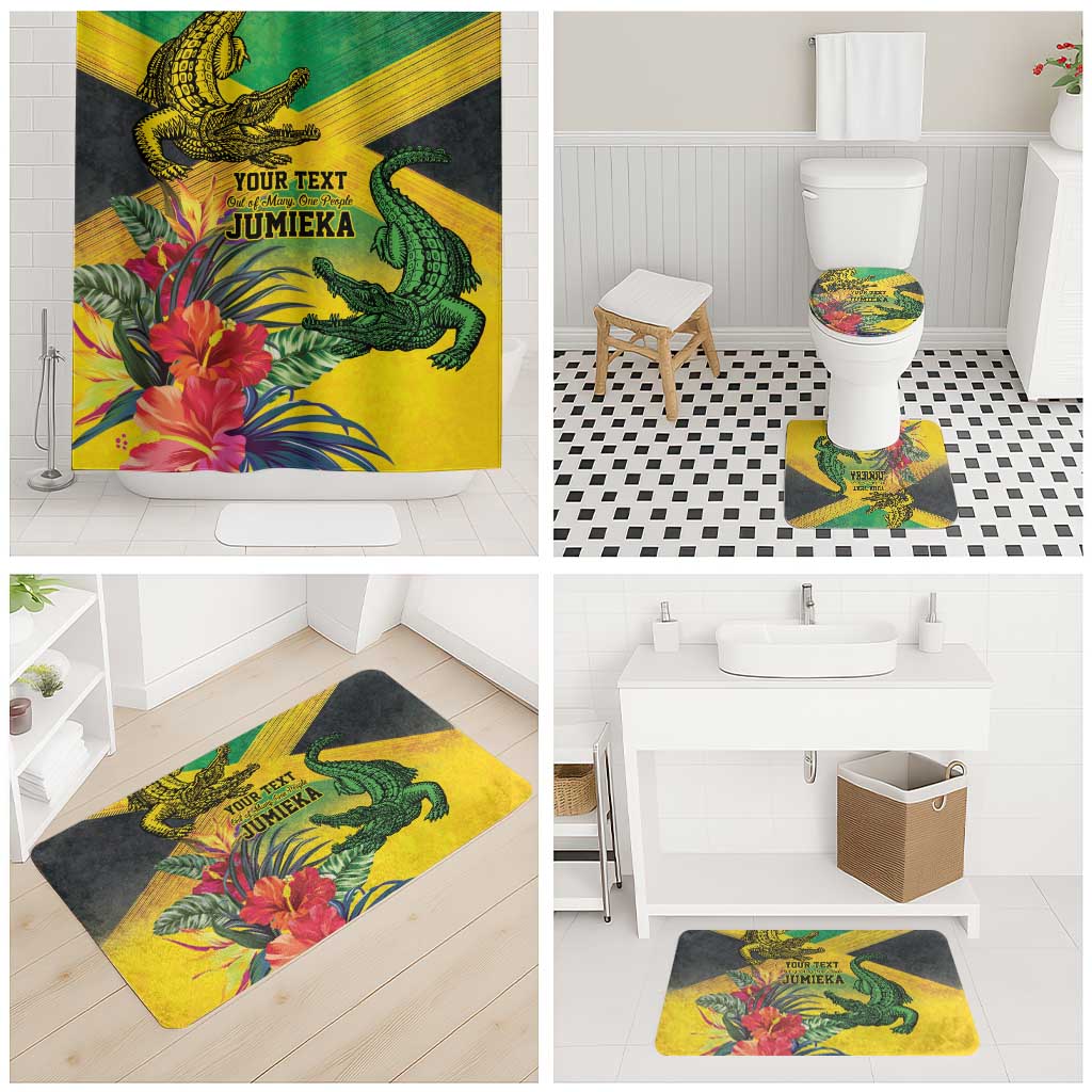Personalized Black Jamaicans Crocodile Bathroom Set Tropical Flowers Grunge Flag